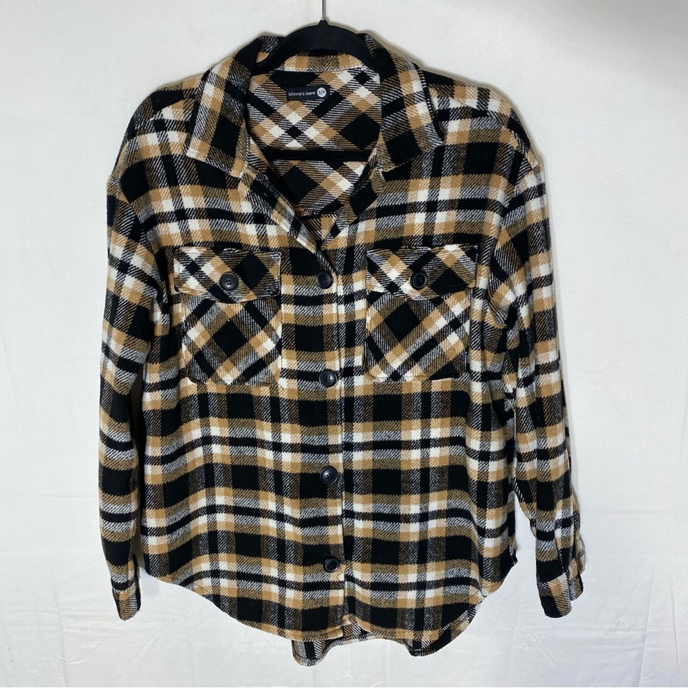 Johnnie’s Jeans Black Tan White Plaid Button Up Casual Shirt Shacket S